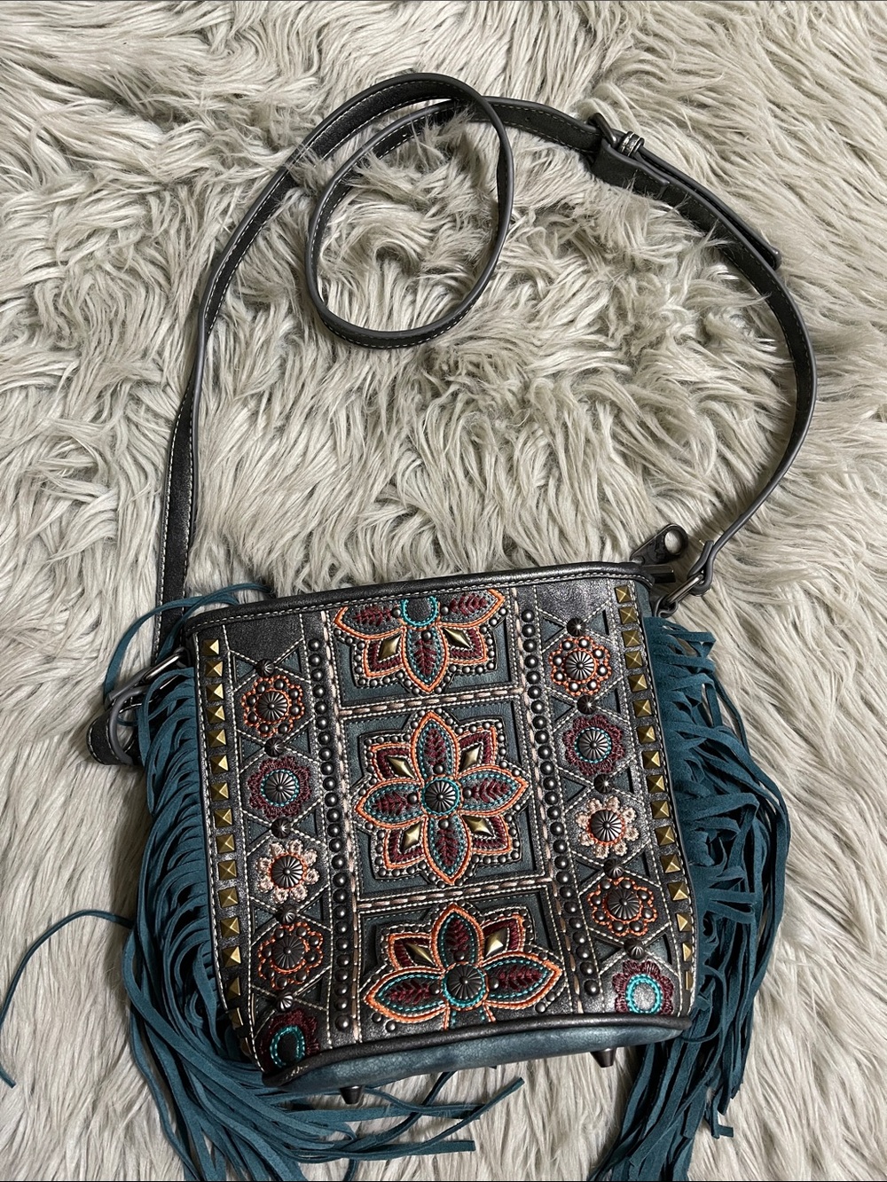 Montana West Teal and Black Embossed Floral Fringe Crossbody